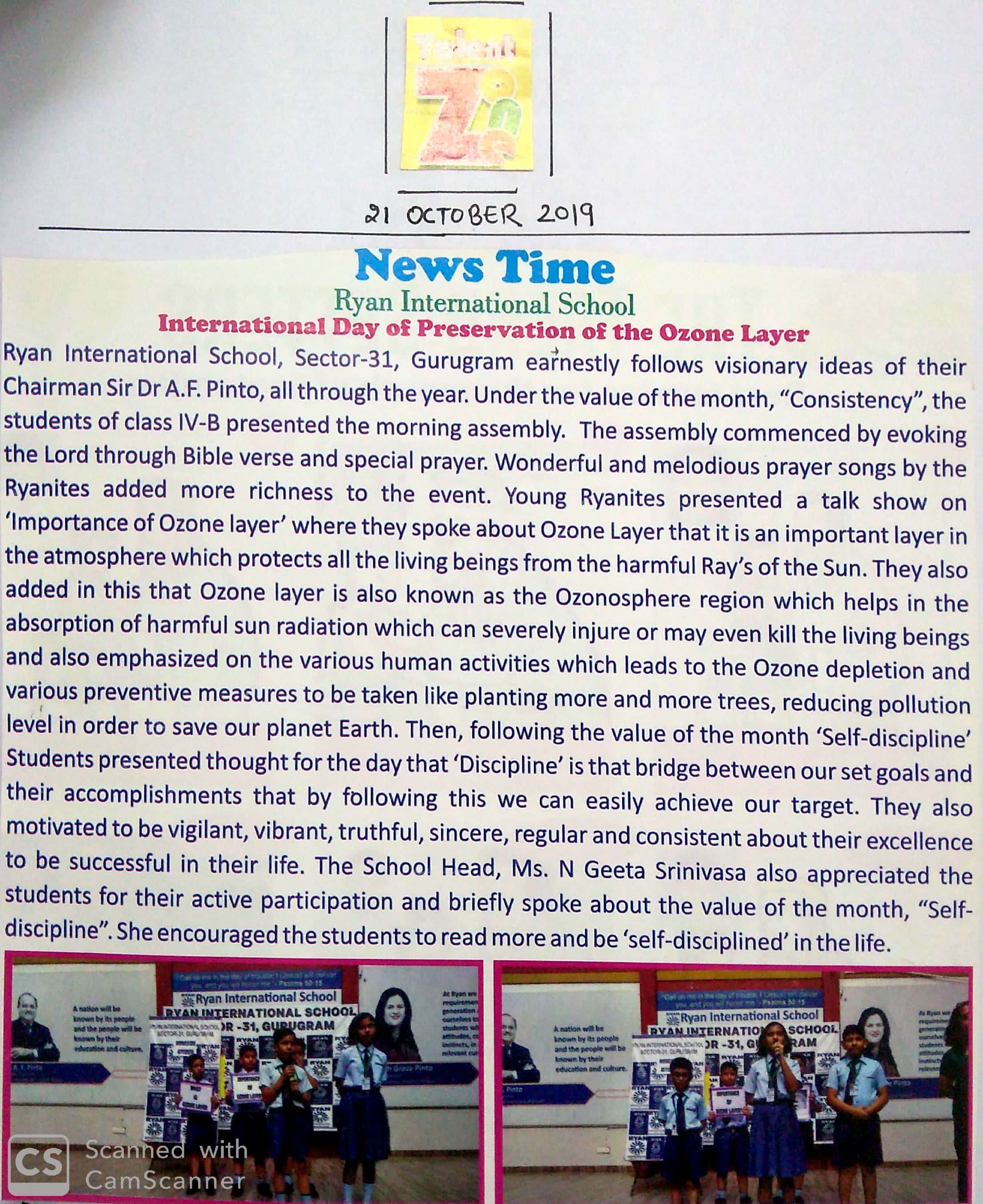 Students of class IV - B organised and held the morning assembly today under the value of the month ‘Consistency’ - Ryan International School, Sec 31 Gurgaon